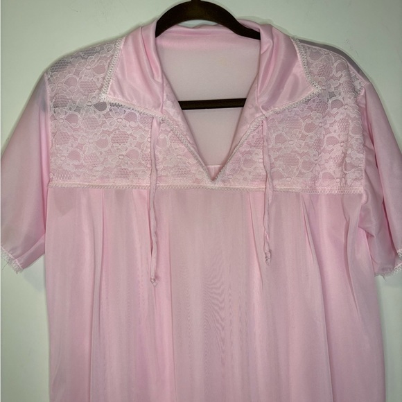 Vintage 60s 70s Pink Collared Lace Trim Nightgown Mini Shift Dress L - Picture 3 of 4